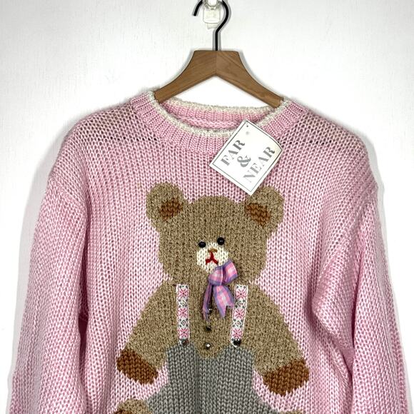 Vtg Far & Near Sweater NWT Size M Teddy Bear Pink Deadstock Cottage Grandma - Picture 3 of 10